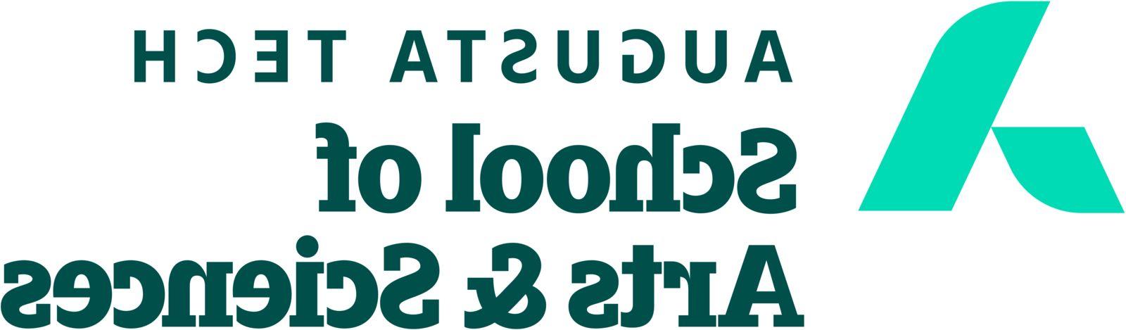 An uppercase abstract A in mint green composed of a smaller leg representing Augusta Technical College supporting the larger leg representing the Augusta Community and economy. The words Augusta Tech and School of Arts & Sciences are in heritage green font to the right of the a, stacked in three horizontal rows with School of Arts & Sciences in bold font.